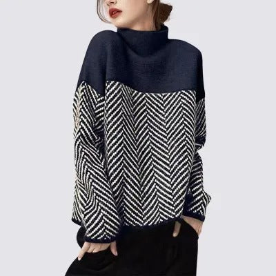 Linnea | Womens Striped Turtleneck Knitted Oversized Jumper - 3