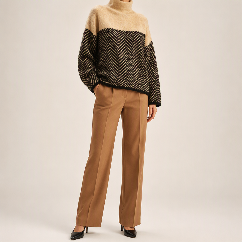 Linnea | Womens Striped Turtleneck Knitted Oversized Jumper, Khaki