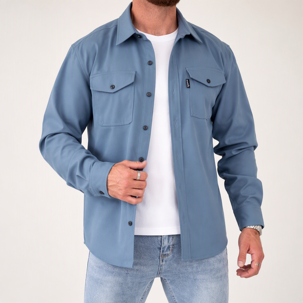 Lionel | Mens Long Sleeve Button Up Shirt Black Jacket, Lake Blue