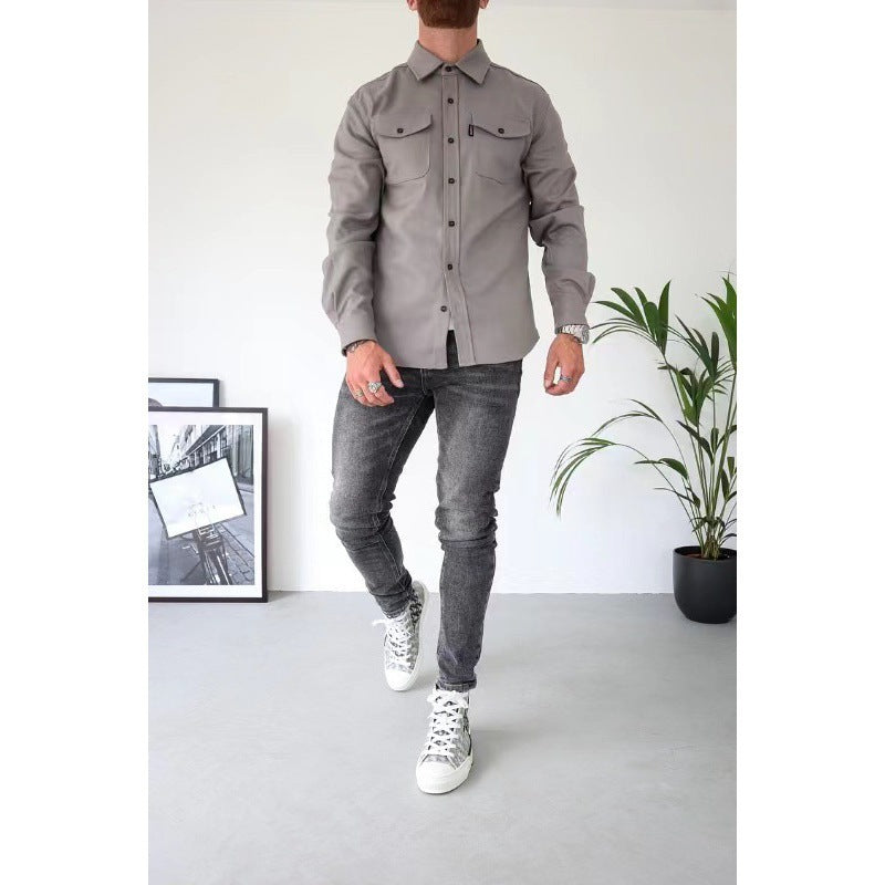 Lionel | Mens Long Sleeve Button Up Shirt Jacket, Light Grey