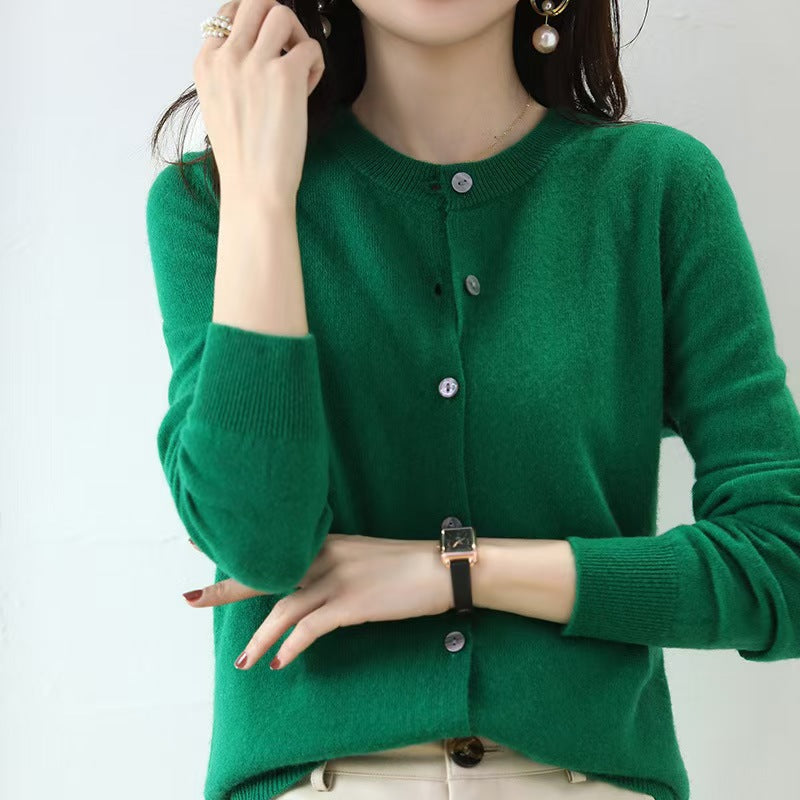 Liv | Womens Round Neck Cropped Knit Cardigan - Green