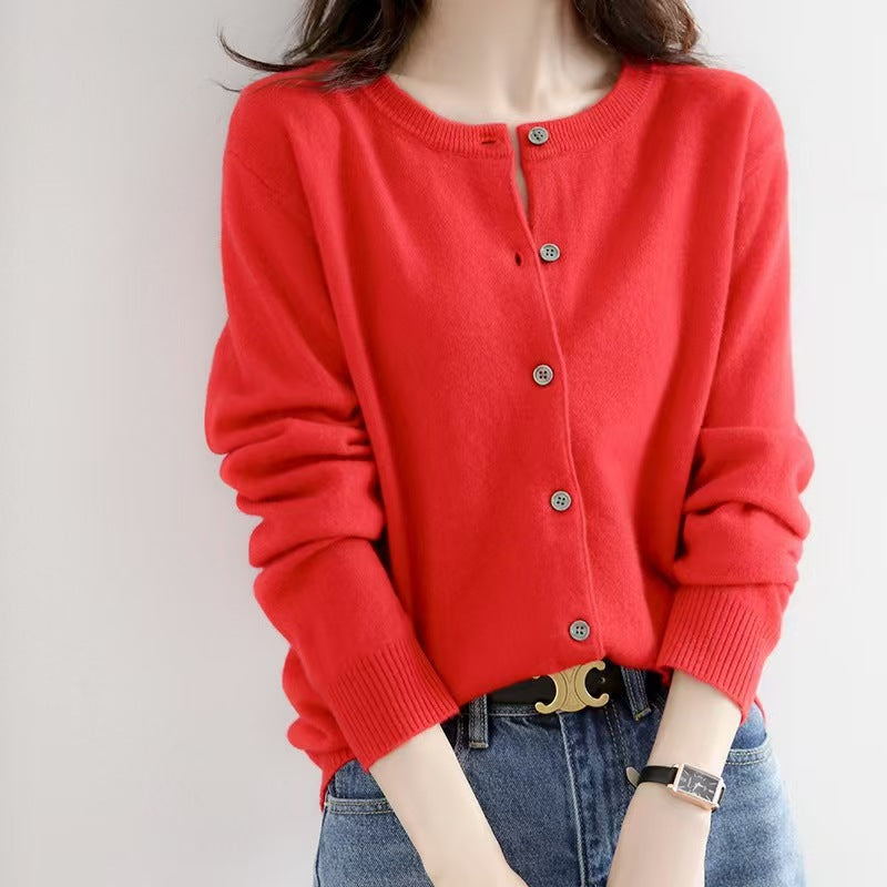 Liv | Womens Round Neck Cropped Knit Cardigan - Red