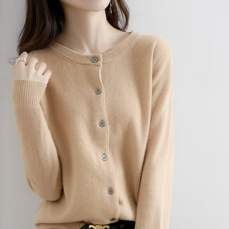 Liv | Womens Round Neck Cropped Knit Cardigan - Yellow Camel