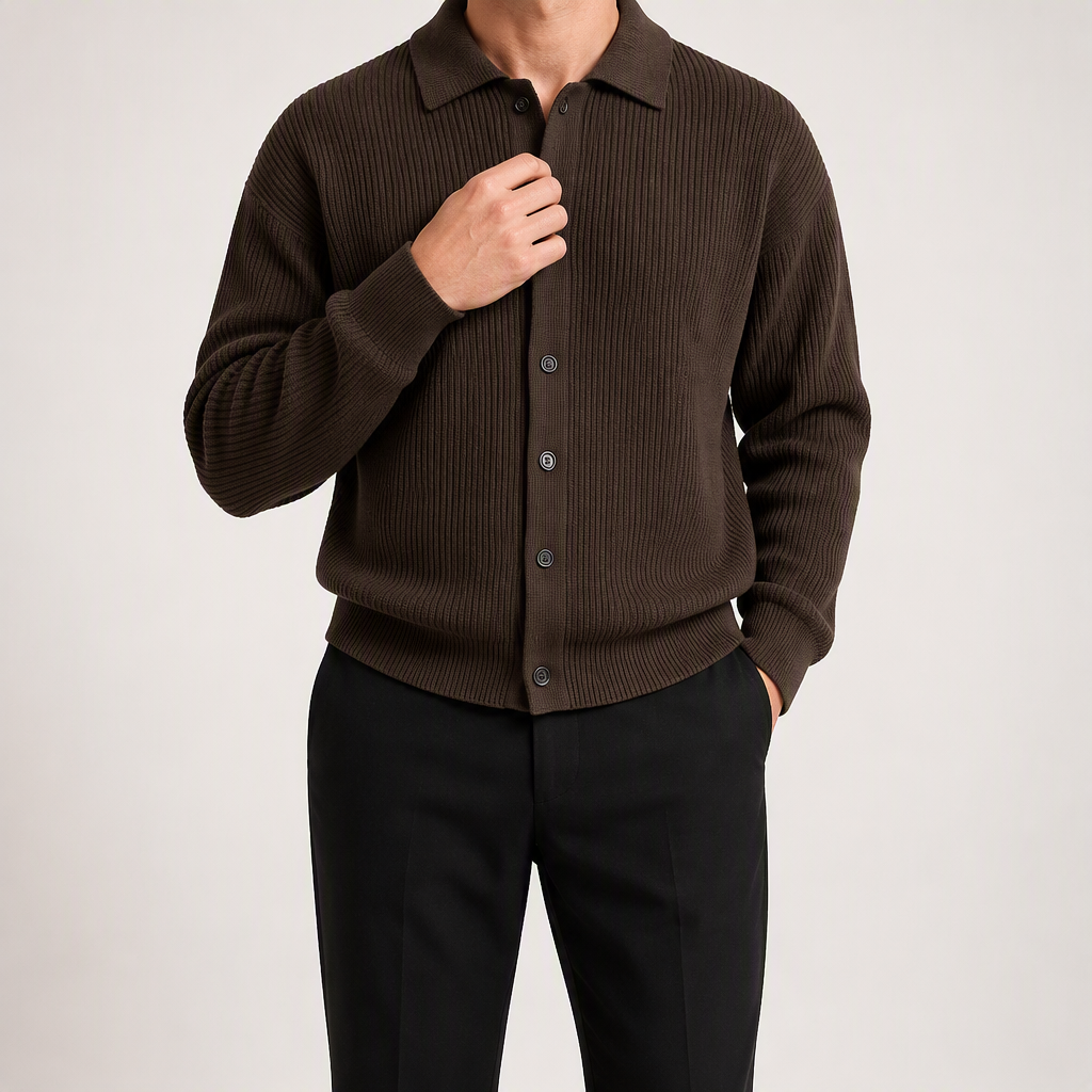 Lysander | Mens Cardigan Knitted Collared Casual Loose Shirt Jacket, Coffee