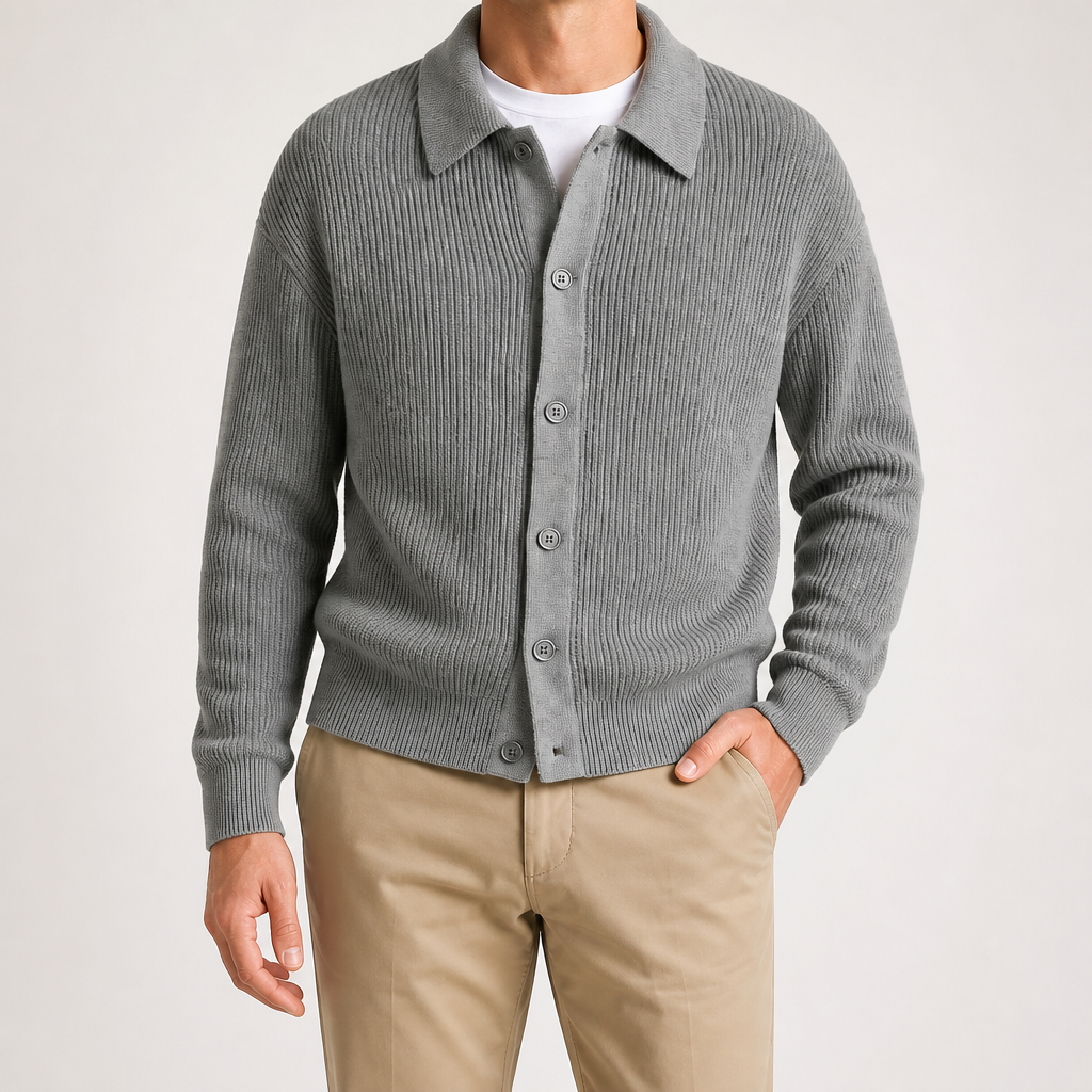 Lysander | Mens Cardigan Knitted Collared Casual Loose Shirt Jacket, Grey