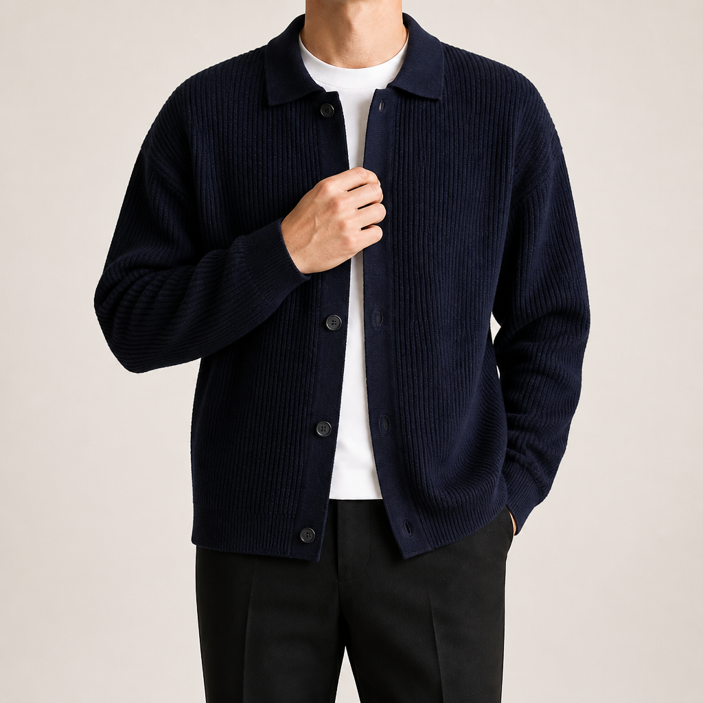 Lysander | Mens Cardigan Knitted Collared Casual Loose Shirt Jacket, Navy Blue