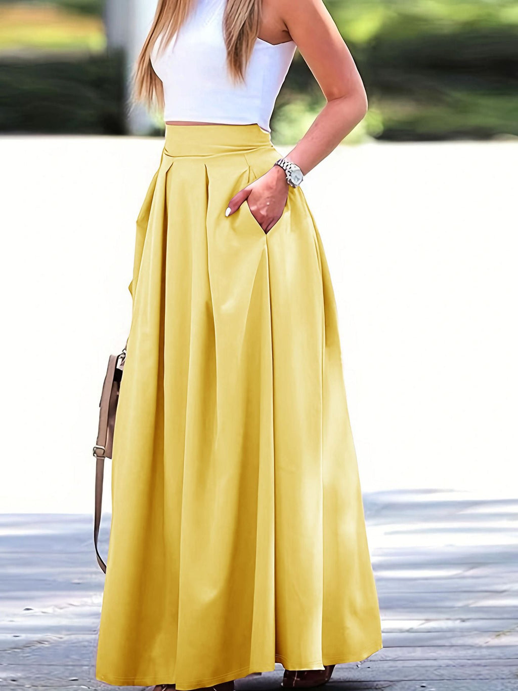 Maeve | Womens Plus Size High Waisted A Line Long Maxi Skirt - Lemon Yellow