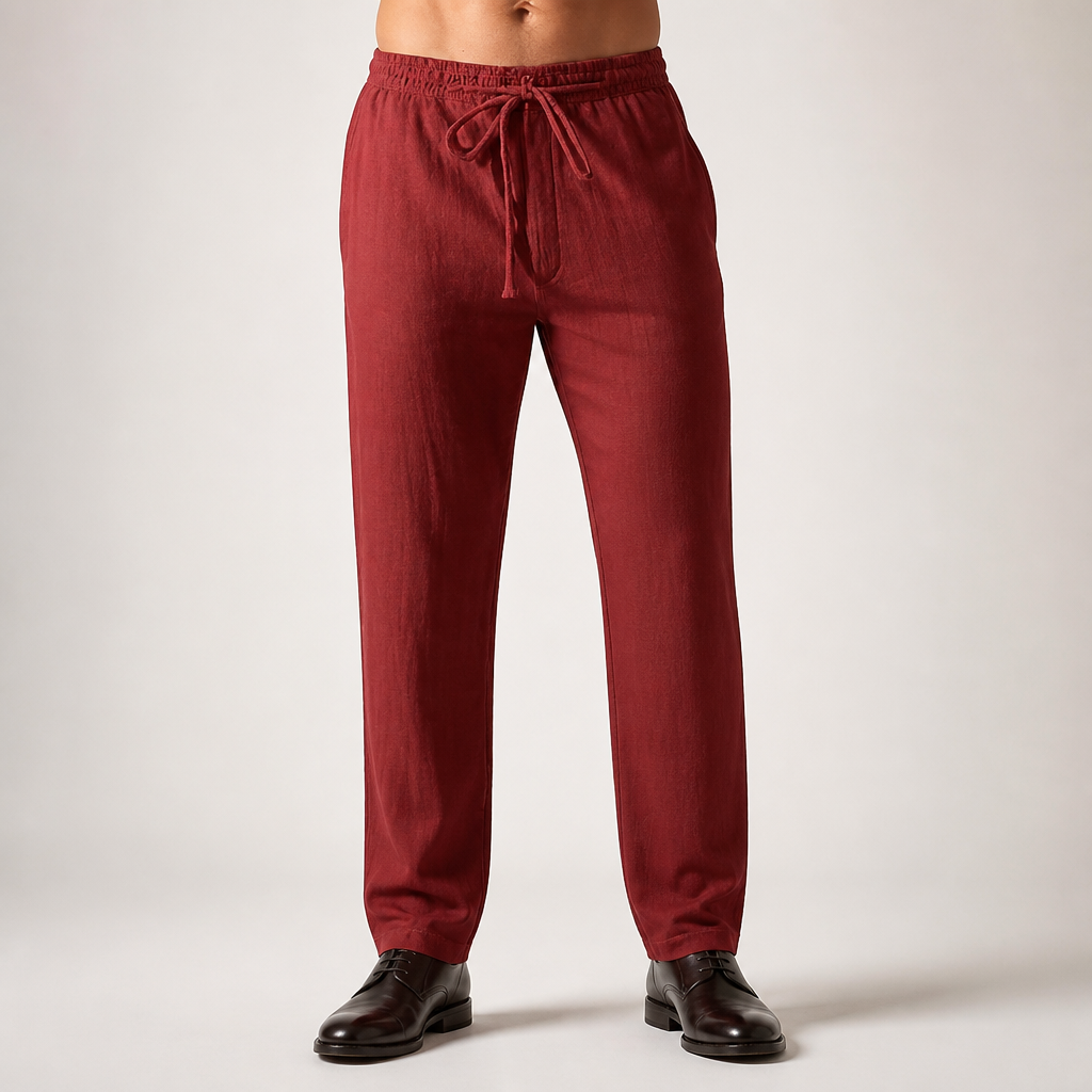 Magnus | Mens Linen Straight Breathable Casual Summer Lightweight Trousers, Burgundy
