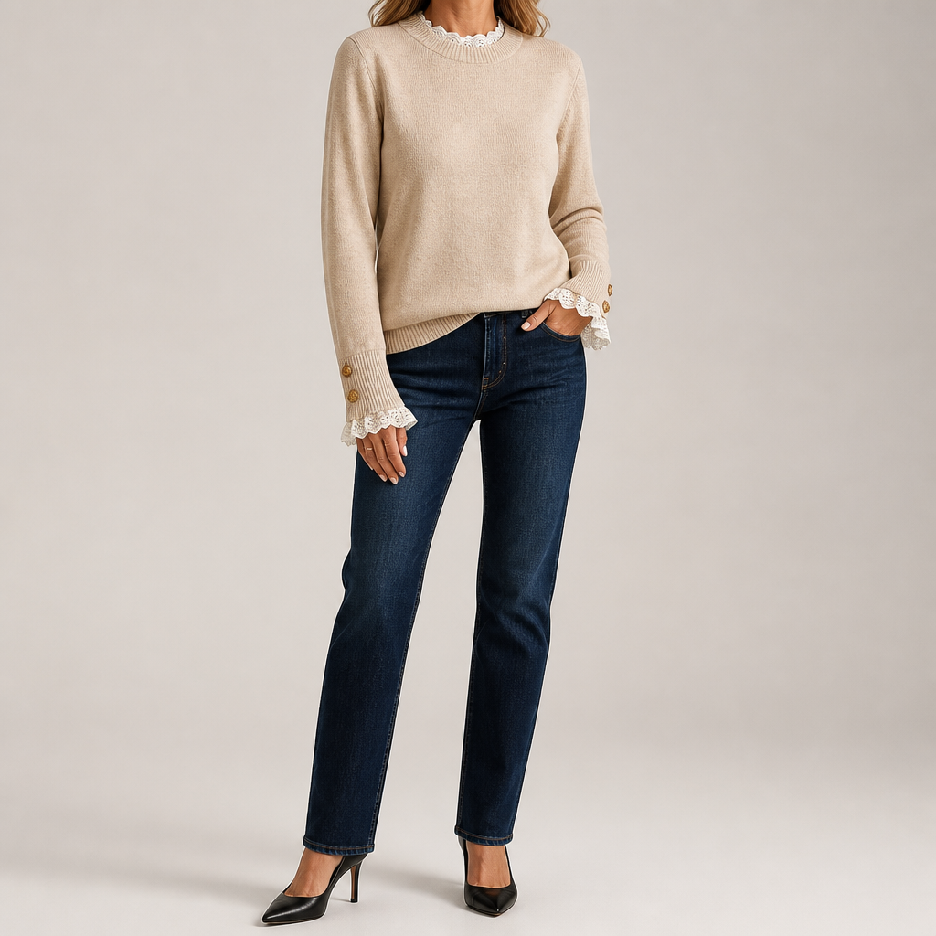 Maisie | Womens Lace Trim Crew Neck Knitted Jumper, Apricot