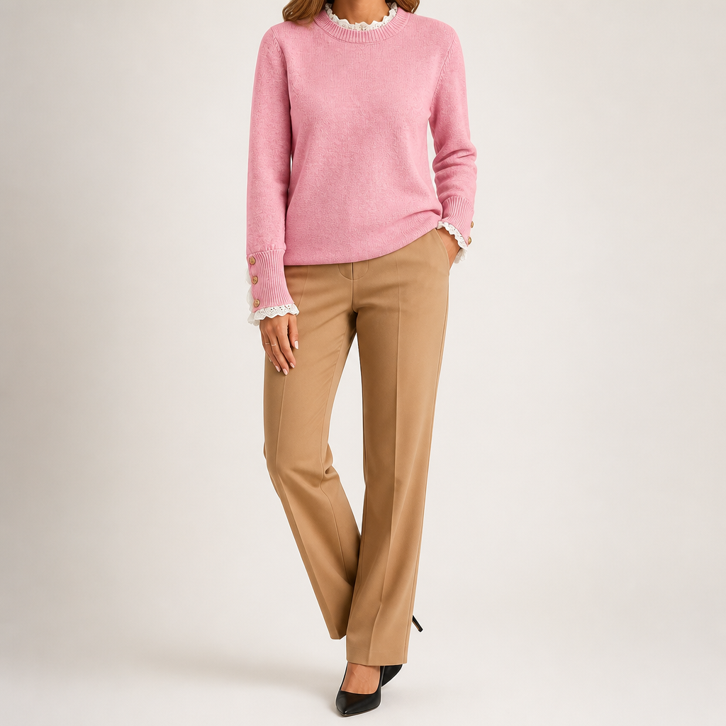Maisie | Womens Lace Trim Crew Neck Knitted Jumper, Pink