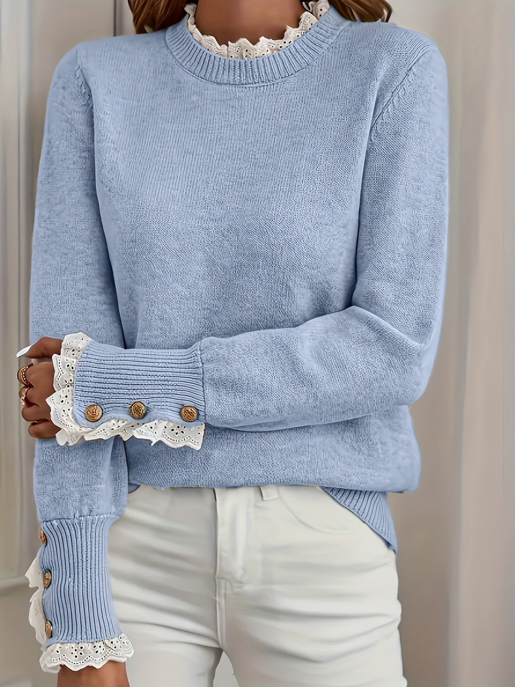Maisie | Womens Lace Trim Crew Neck Knit Sweater, Sky Blue