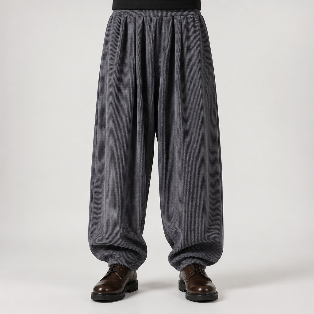 Marcus | Mens Corduroy Wide Leg Casual Loose Straight Trousers, Grey