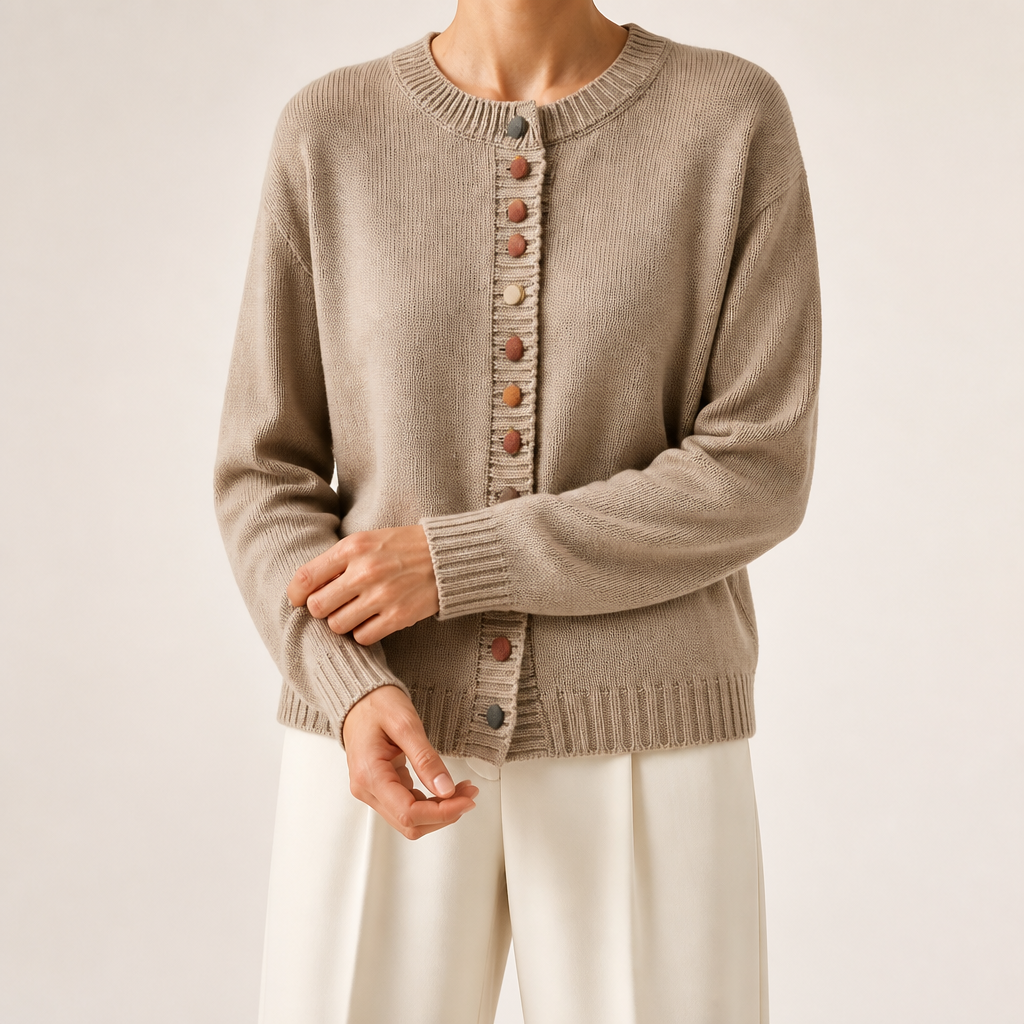 Maren | Womens Knitted Cardigan Button Front Long Sleeve Jumper, Light Khaki