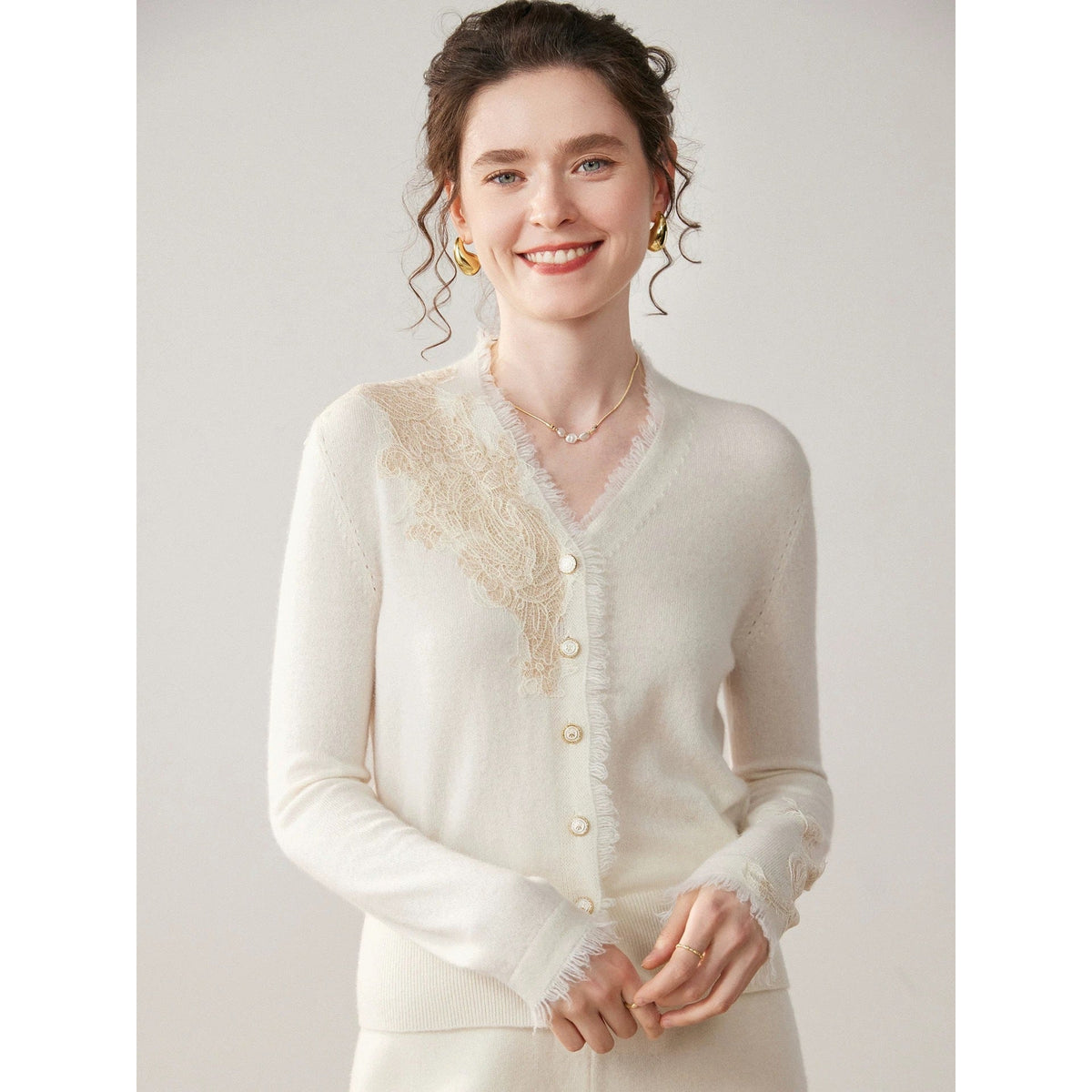 Margaux | Womens Lace Trim Cashmere V Neck Cardigan Knitted Jumper - 1