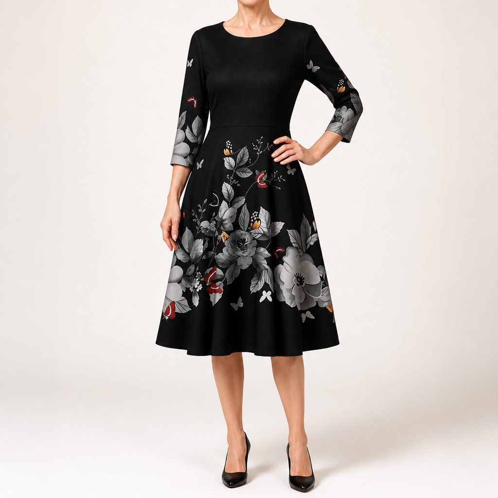Marguerite | Womens Wedding Guest Floral Round Neck Straight Midi Dress, Black