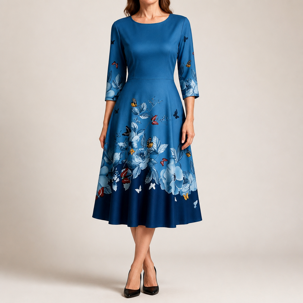 Marguerite | Womens Wedding Guest Floral Round Neck Straight Midi Dress, Blue