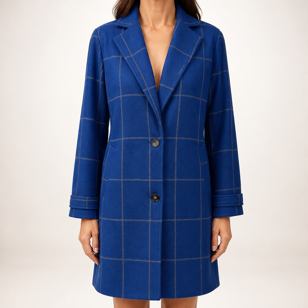 Maribel | Womens Plaid Check Mid Length Winter Coat, Blue