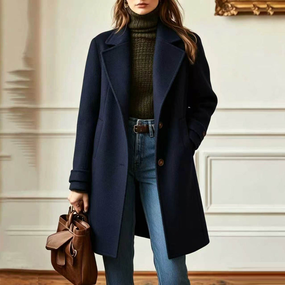 Maribel | Womens Plaid Mid Length Coat - Dark Blue No