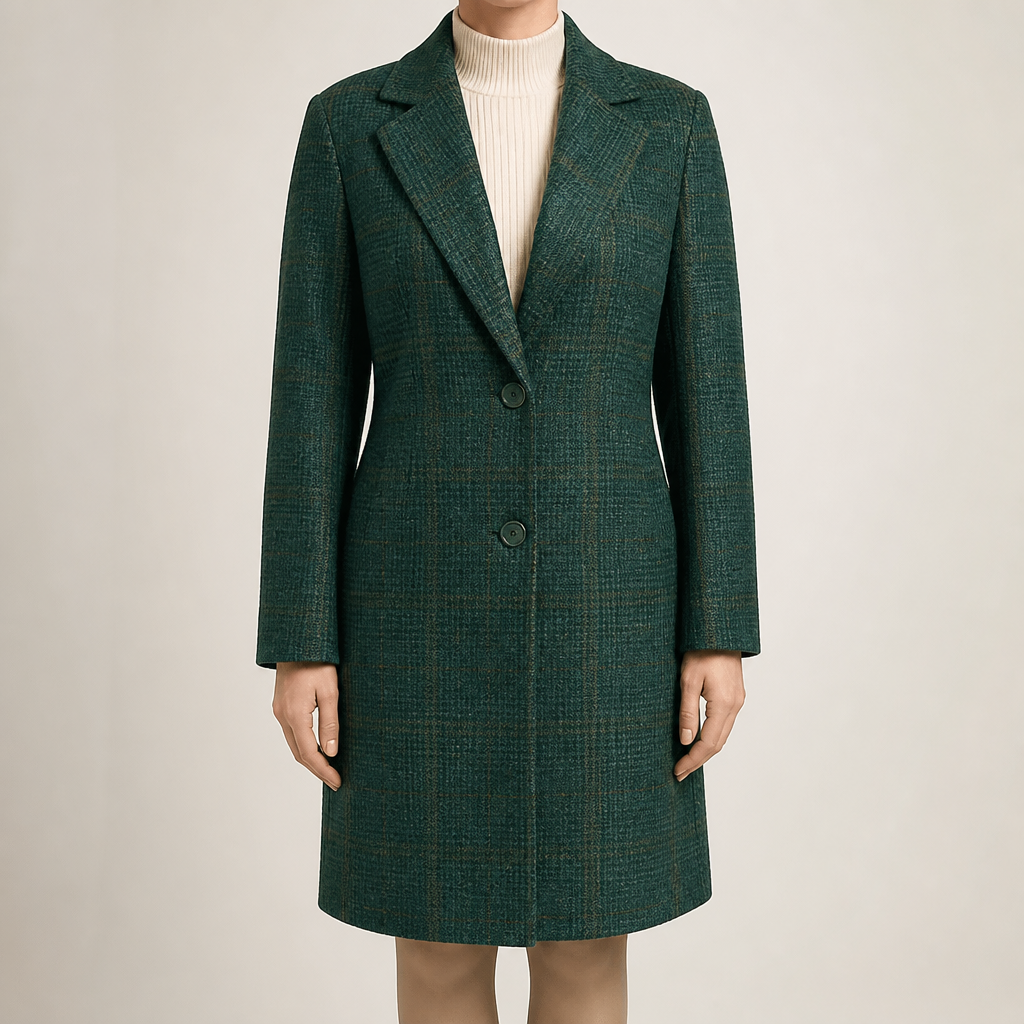 Maribel | Womens Plaid Check Mid Length Winter Coat, Green