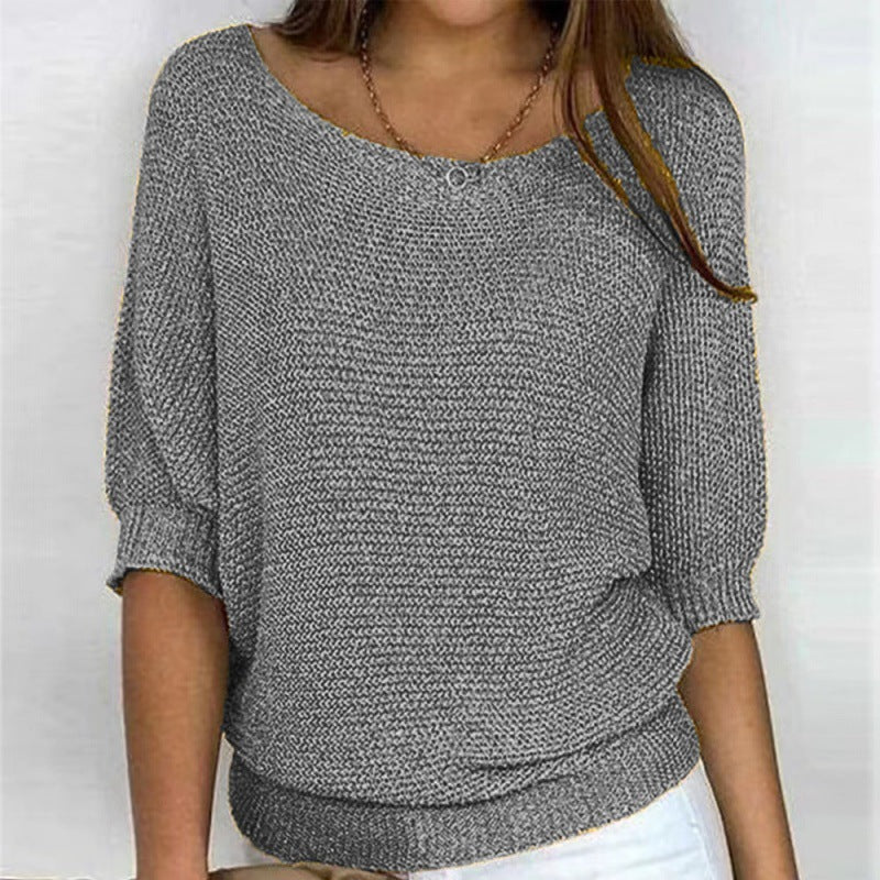 Marielle | Womens Round Neck Knitted Jumper Elegant Three Quarter Sleeve Top - 1
