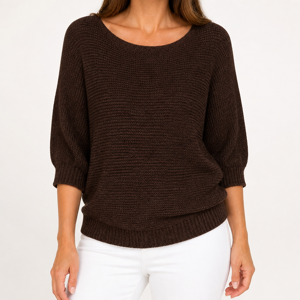 Marielle | Womens Knitted Jumper Round Neck Three Quarter Sleeve Sweater, Dark Brown