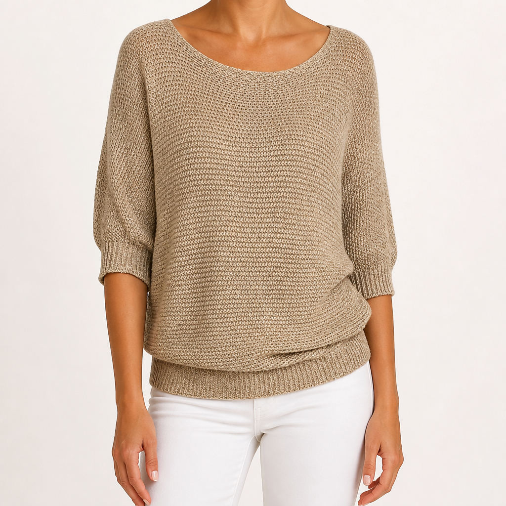 Marielle | Womens Knitted Jumper Round Neck Three Quarter Sleeve Sweater, Khaki