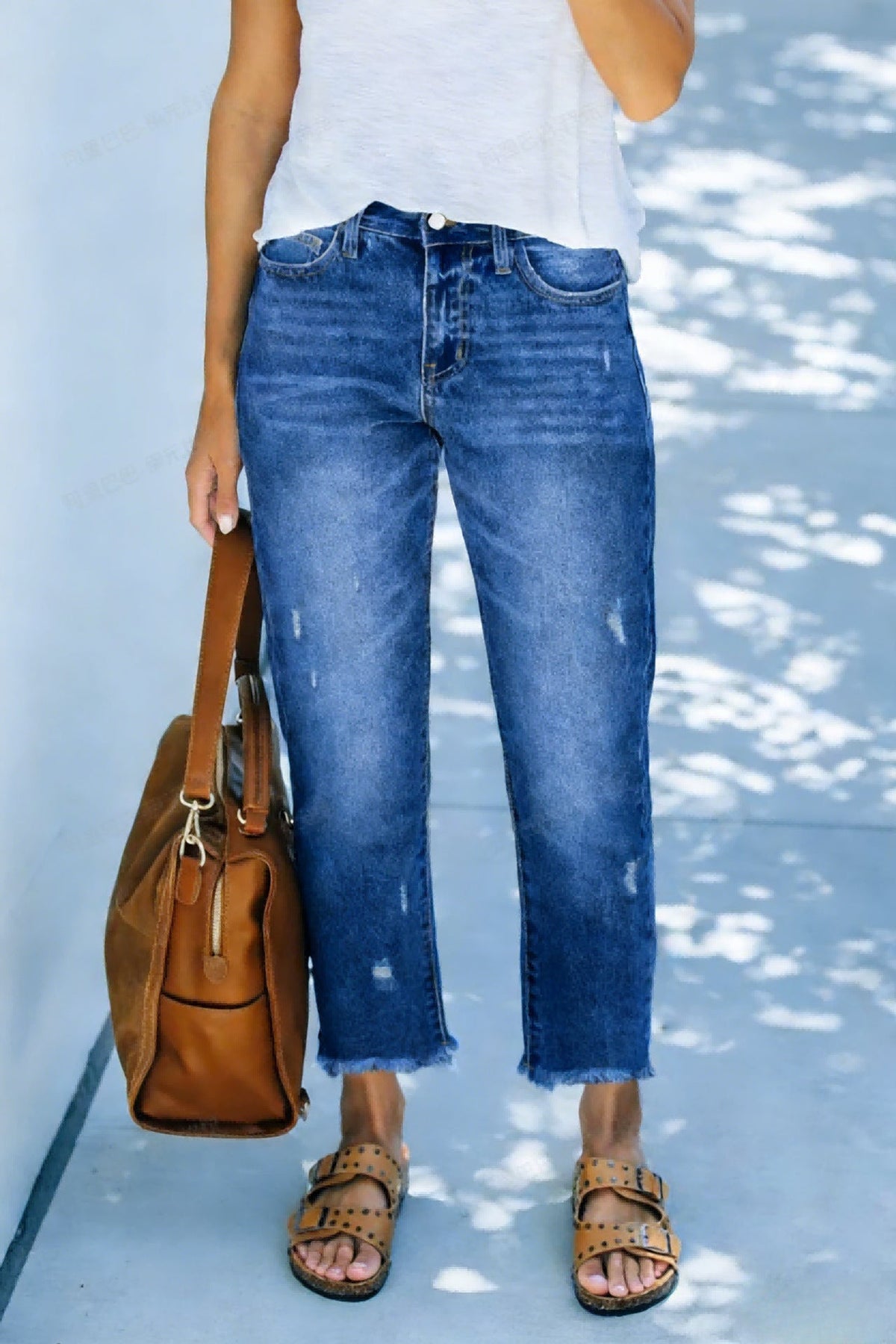Marlow | Womens Straight Leg Frayed Hem Cropped Denim Stretch Jeans - Dark Blue