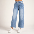 Marlow | Womens Straight Leg Frayed Hem Cropped Denim Stretch Jeans, Denim Blue