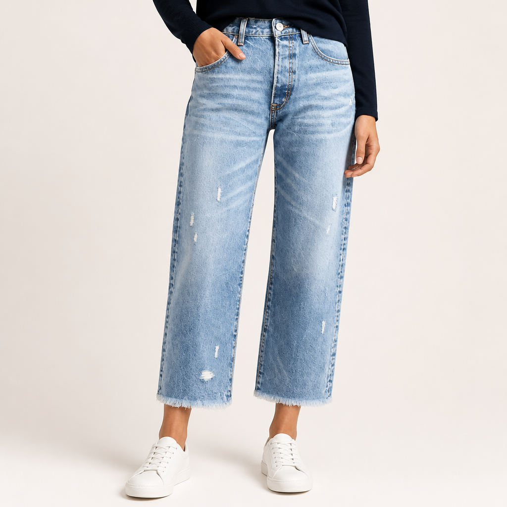 Marlow | Womens Straight Leg Frayed Hem Cropped Denim Stretch Jeans, Light Blue