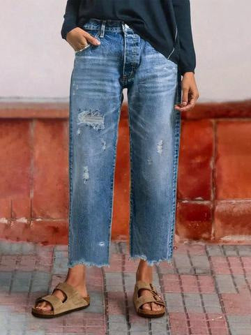 Marlow | Womens Straight Leg Frayed Hem Cropped Denim Stretch Jeans - Mid Blue