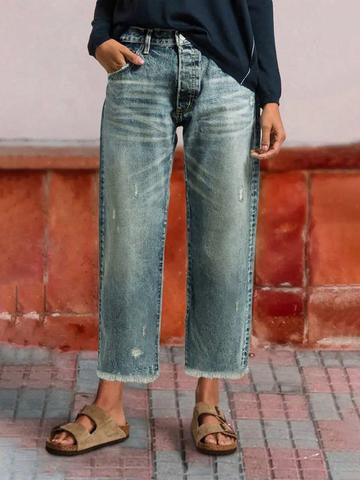 Marlow | Womens Straight Leg Frayed Hem Cropped Denim Stretch Jeans - Retro Blue