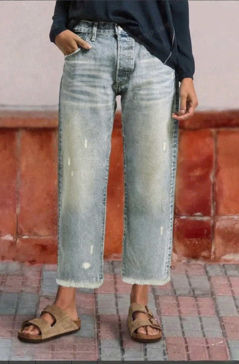Marlow | Womens Straight Leg Frayed Hem Cropped Denim Stretch Jeans - Vintage Blue