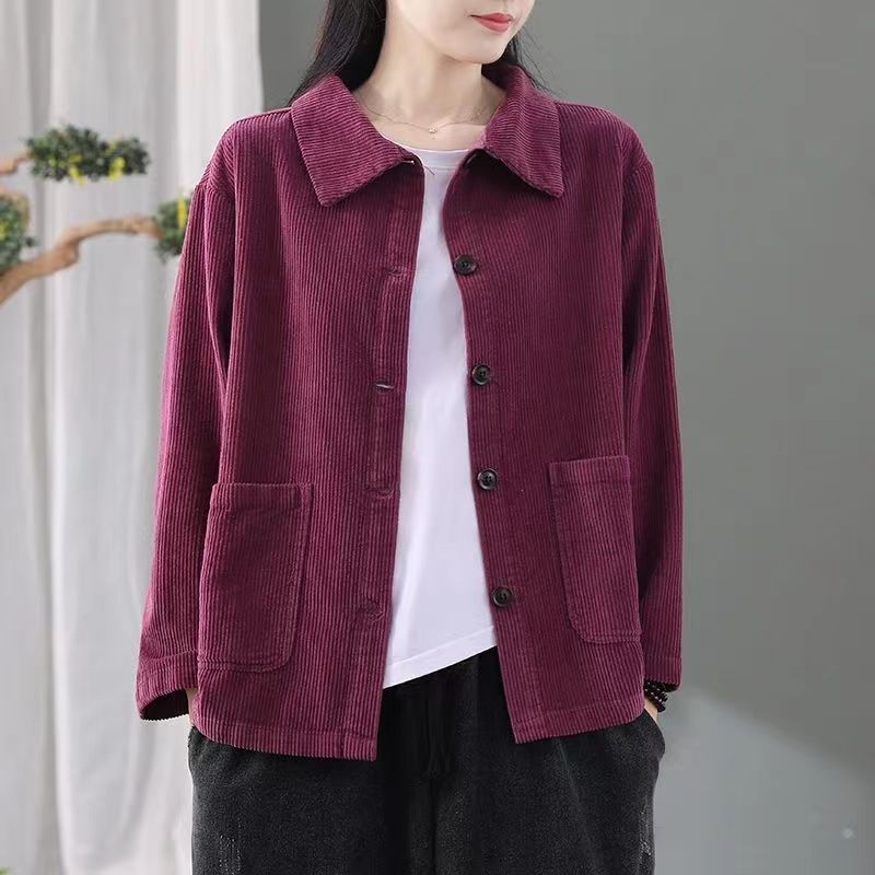 Maude | Womens Corduroy Shawl Collar Coat - Dark Red