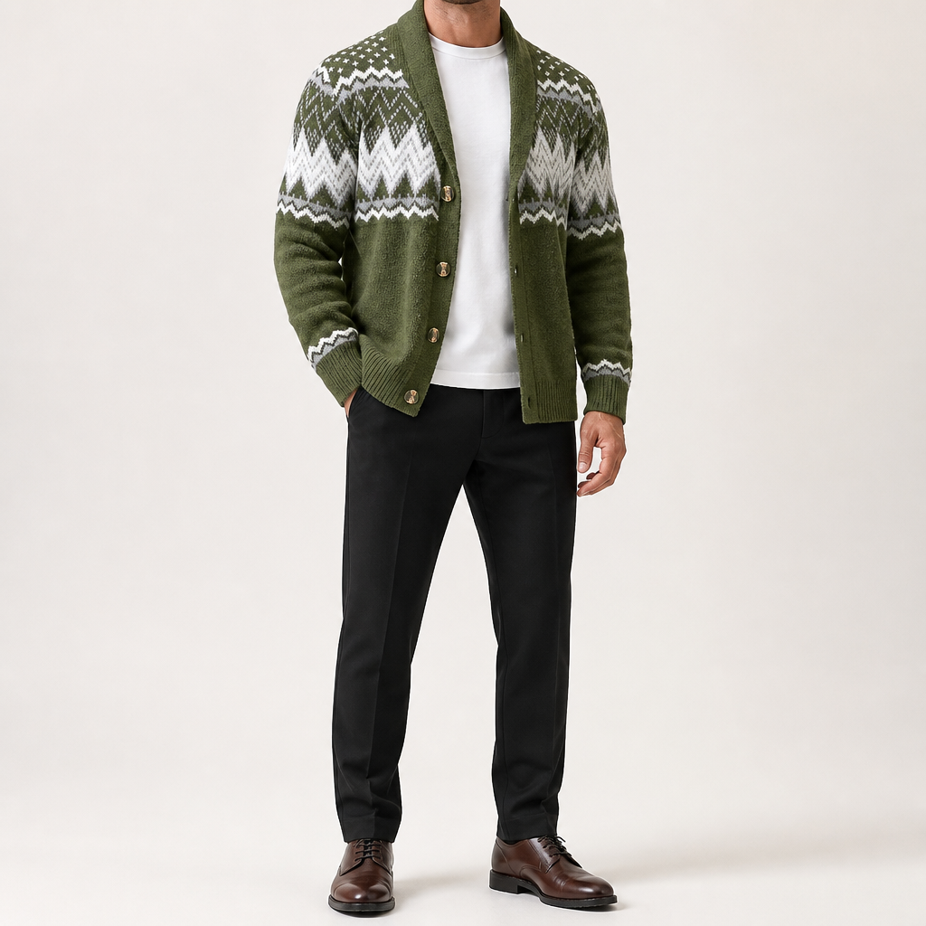 Merrick | Mens Solid Colour Knit Knitted Jumper Cardigan, Green 2