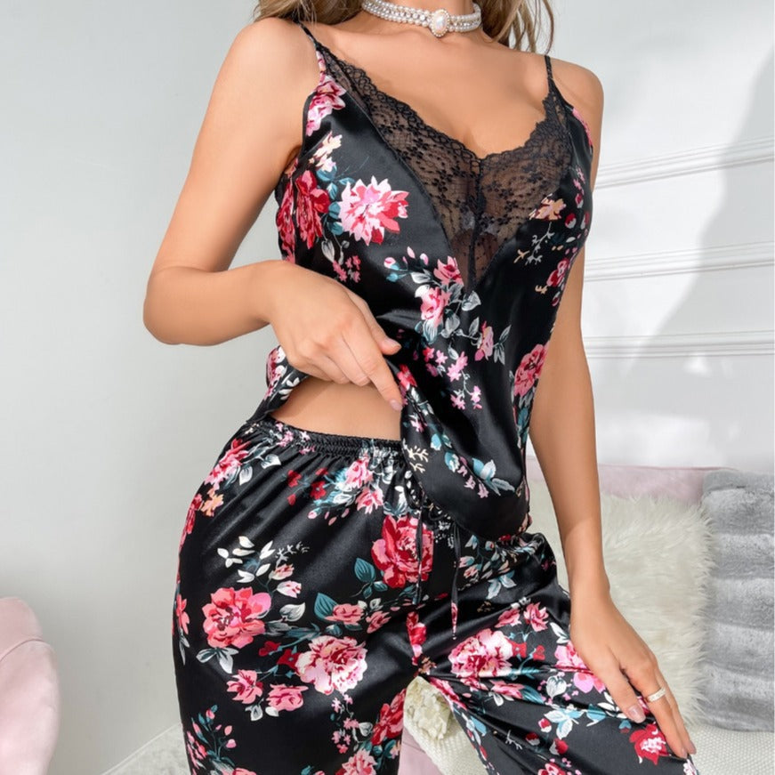 Mila | Womens Floral Satin Cami Trousers Pyjamas - 1