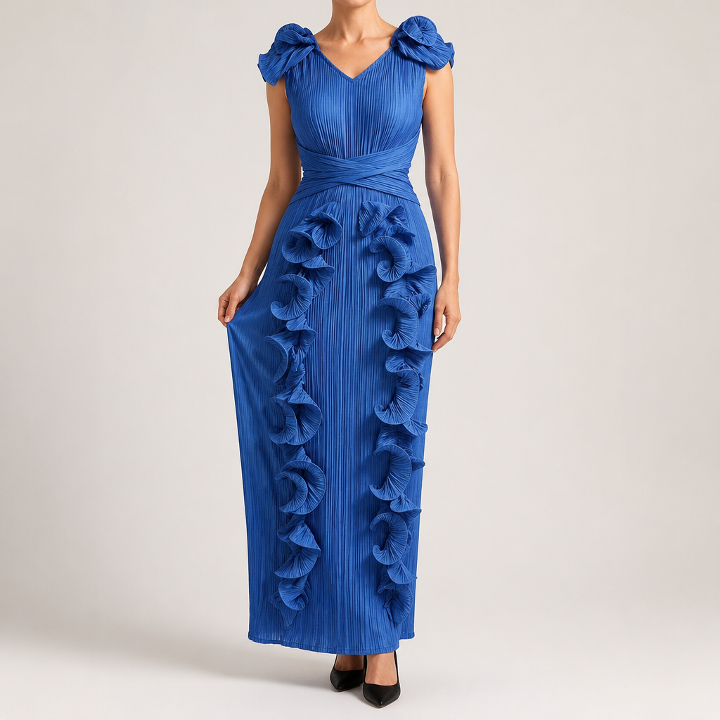 Mireille | Womens Wedding Guest Dress Pleated Ruffle Evening Maxi Dress, Blue
