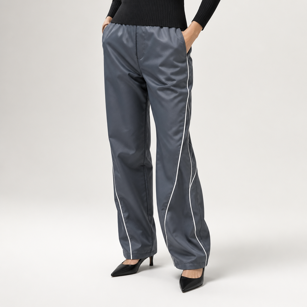Nadia | Womens Wide Leg Straight Casual Elastic Waist Trousers, Dark Grey