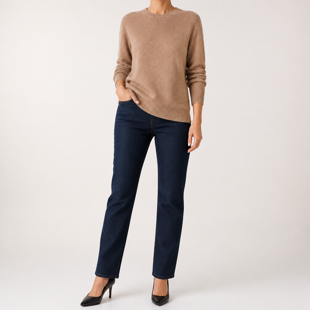 Nadia | Womens Round Neck Long Sleeve Knitted Jumper, Golden Camel