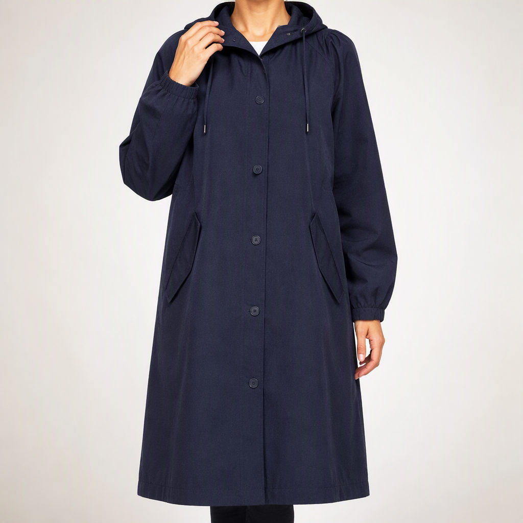Nadia | Womens Trench Coat Mid Length Windbreaker Belted Longline Coat, Navy Blue
