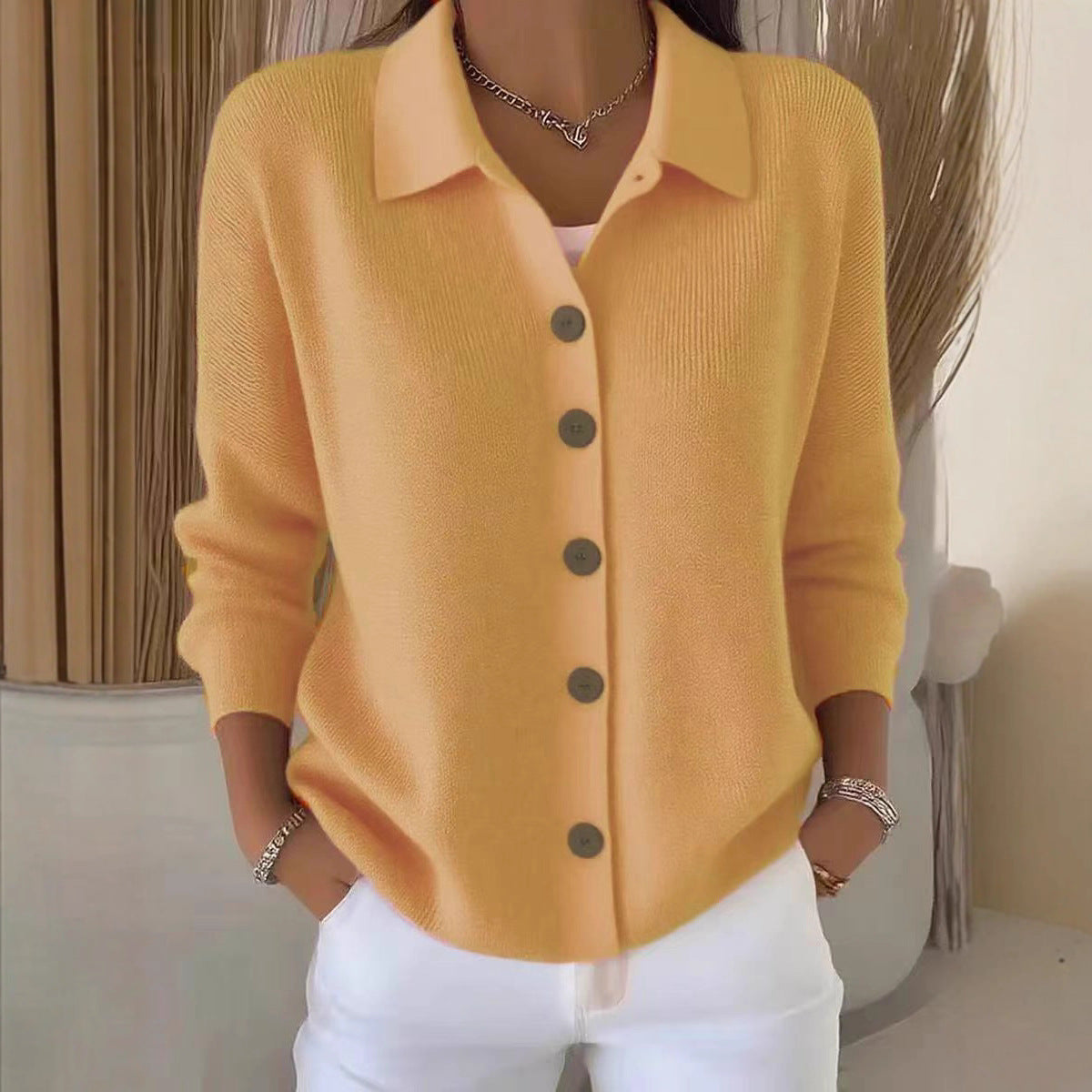 Nancy | Womens Button Knit Sweater Cardigan, Yellow