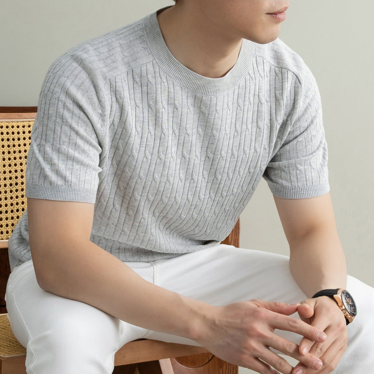 Nathaniel | Mens Tencel Linen Knitted Short Sleeve Polo Shirt - Grey