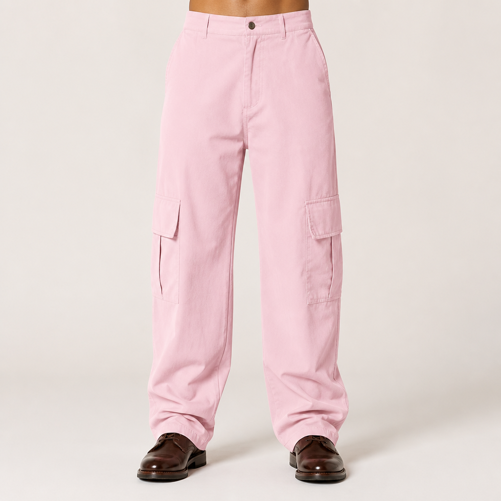 Nero | Mens Cargo Trousers Work Multi Pocket Straight Leg Trousers, Pink