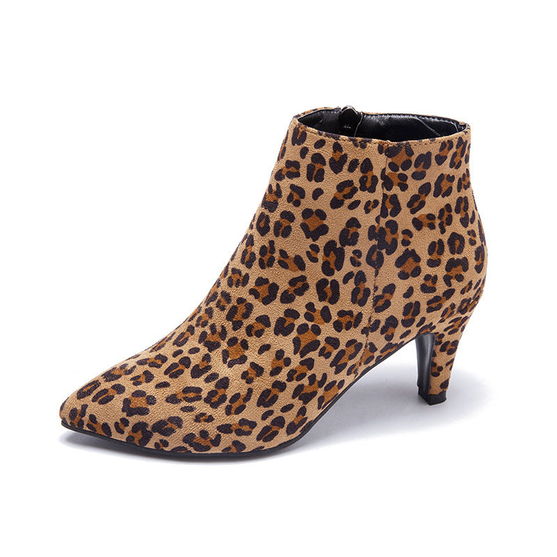Noelle | Womens Pointed Toe Stiletto Heel Ankle Boots Suede Booties - Leopard Print