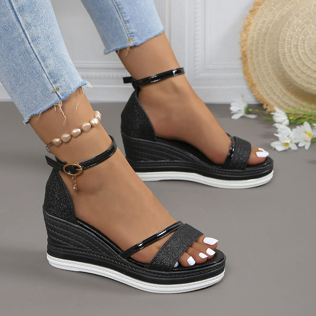Oceane | Womens Platform Wedge Fish Mouth Black Sandals - 3