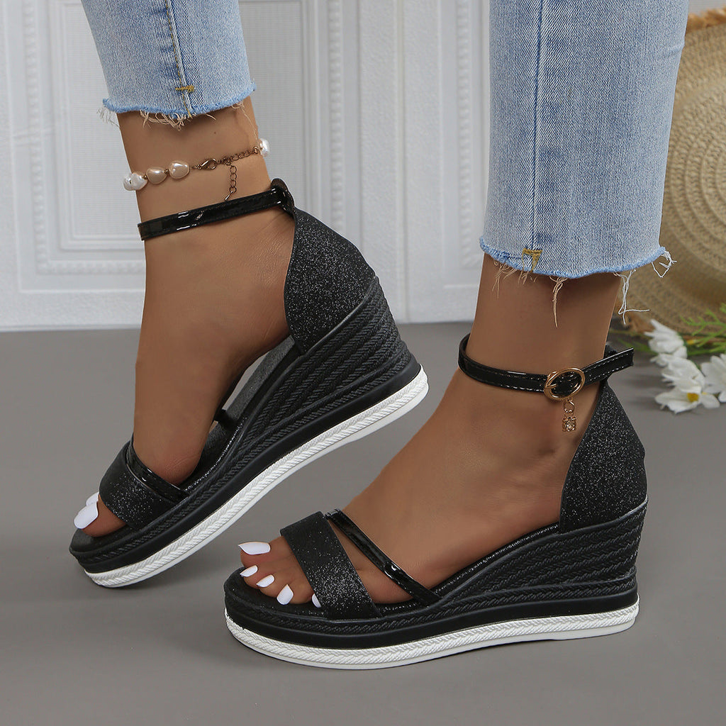 Oceane | Womens Platform Wedge Fish Mouth Black Sandals - 6