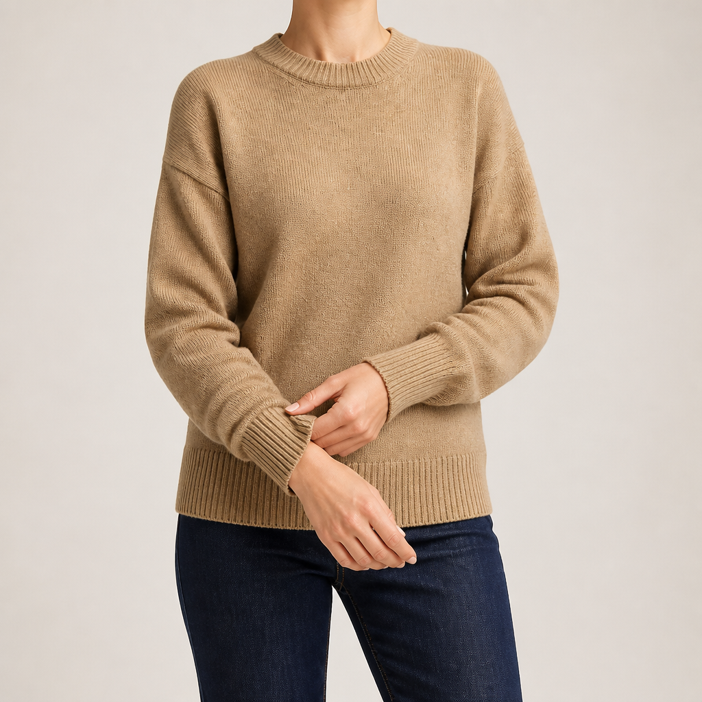 Odette | Womens Loose Round Neck Knitted Jumper Pullover Sweater, Camel