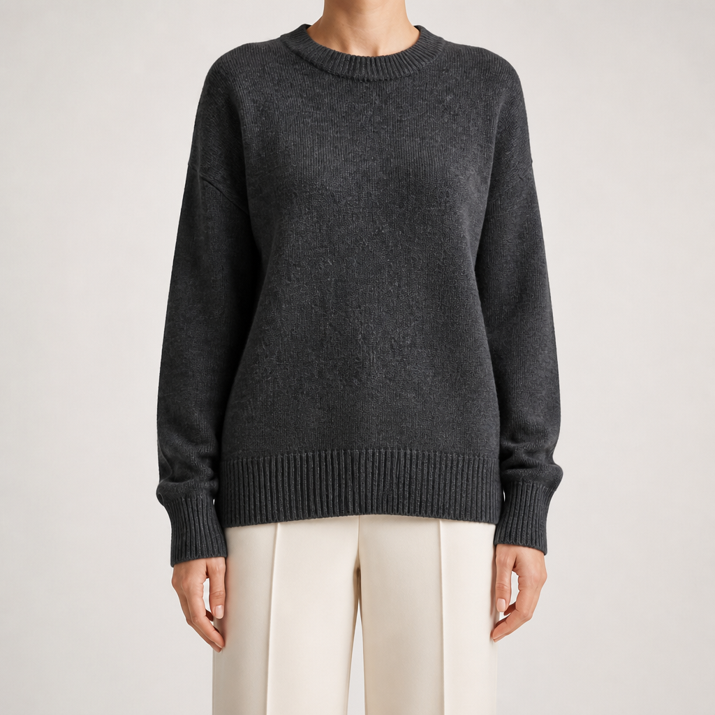 Odette | Womens Loose Round Neck Knitted Jumper Pullover Sweater, Dark Grey