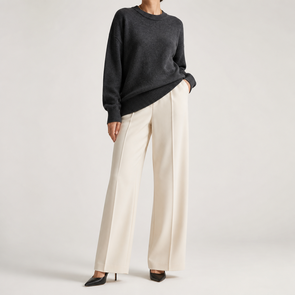 Odette | Womens Loose Round Neck Knitted Jumper Pullover Sweater, Dark Grey