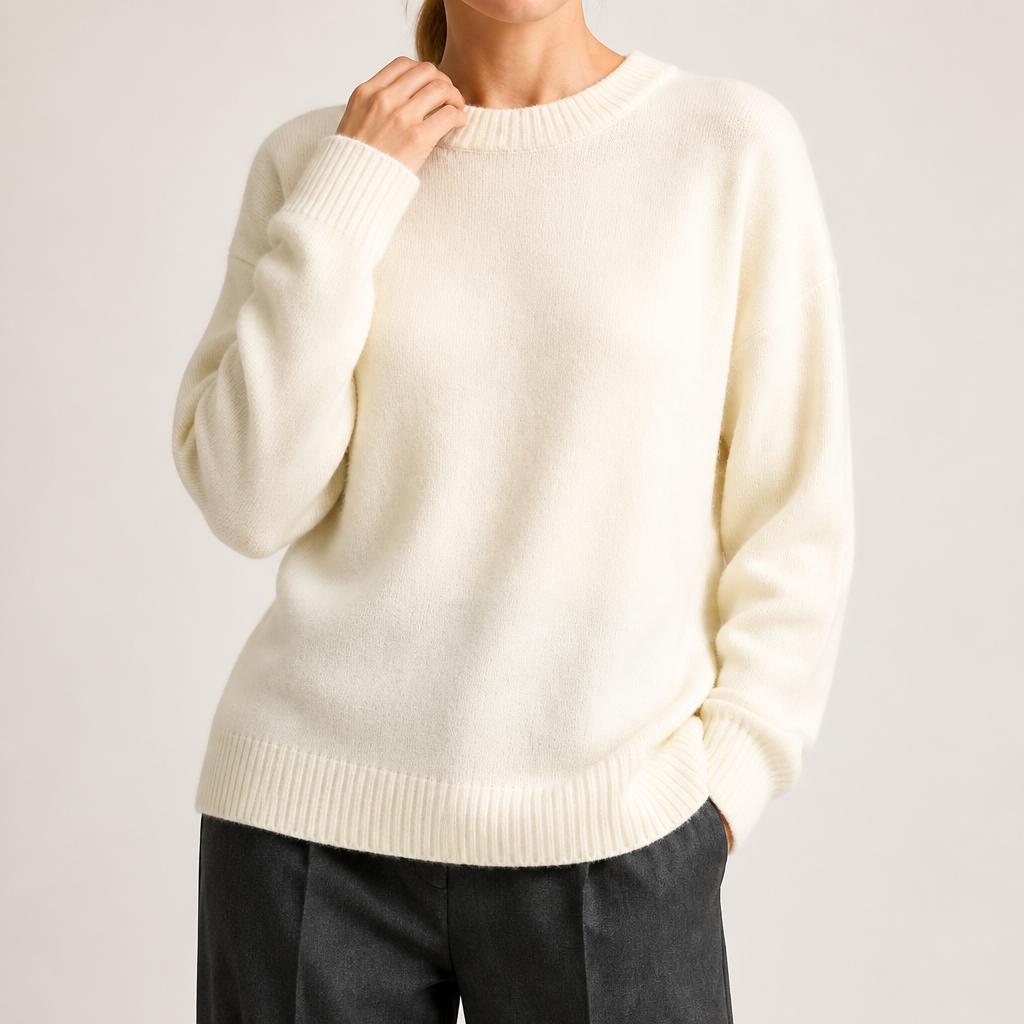 Odette | Womens Loose Round Neck Knitted Jumper Pullover Sweater, Off White