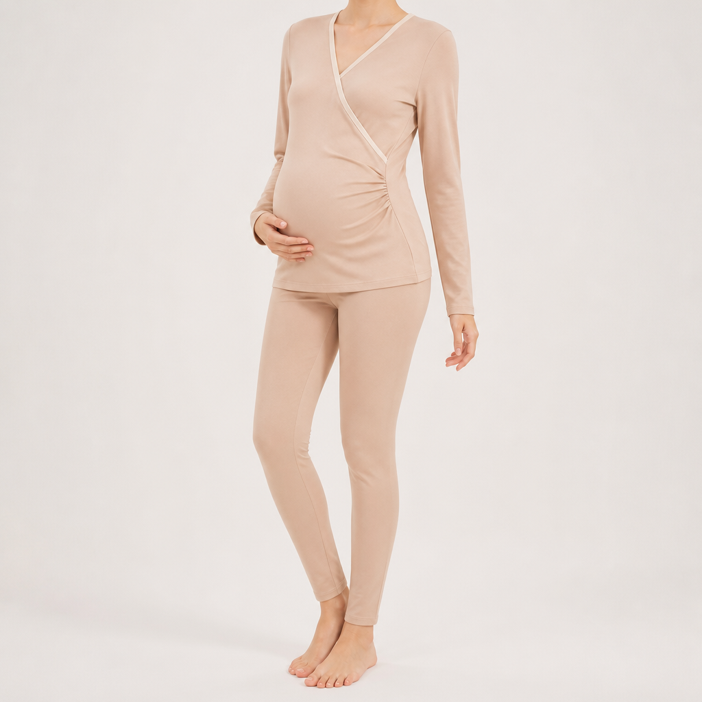 Odette | Womens Maternity Nursing Cotton Long Sleeve Loungewear Set, Nude